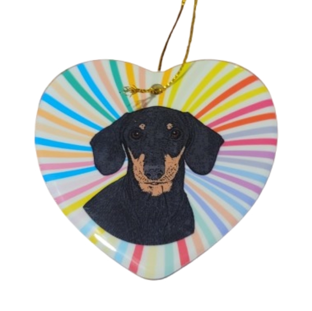 DASHUND ornament ceramic heart rainbow stripes